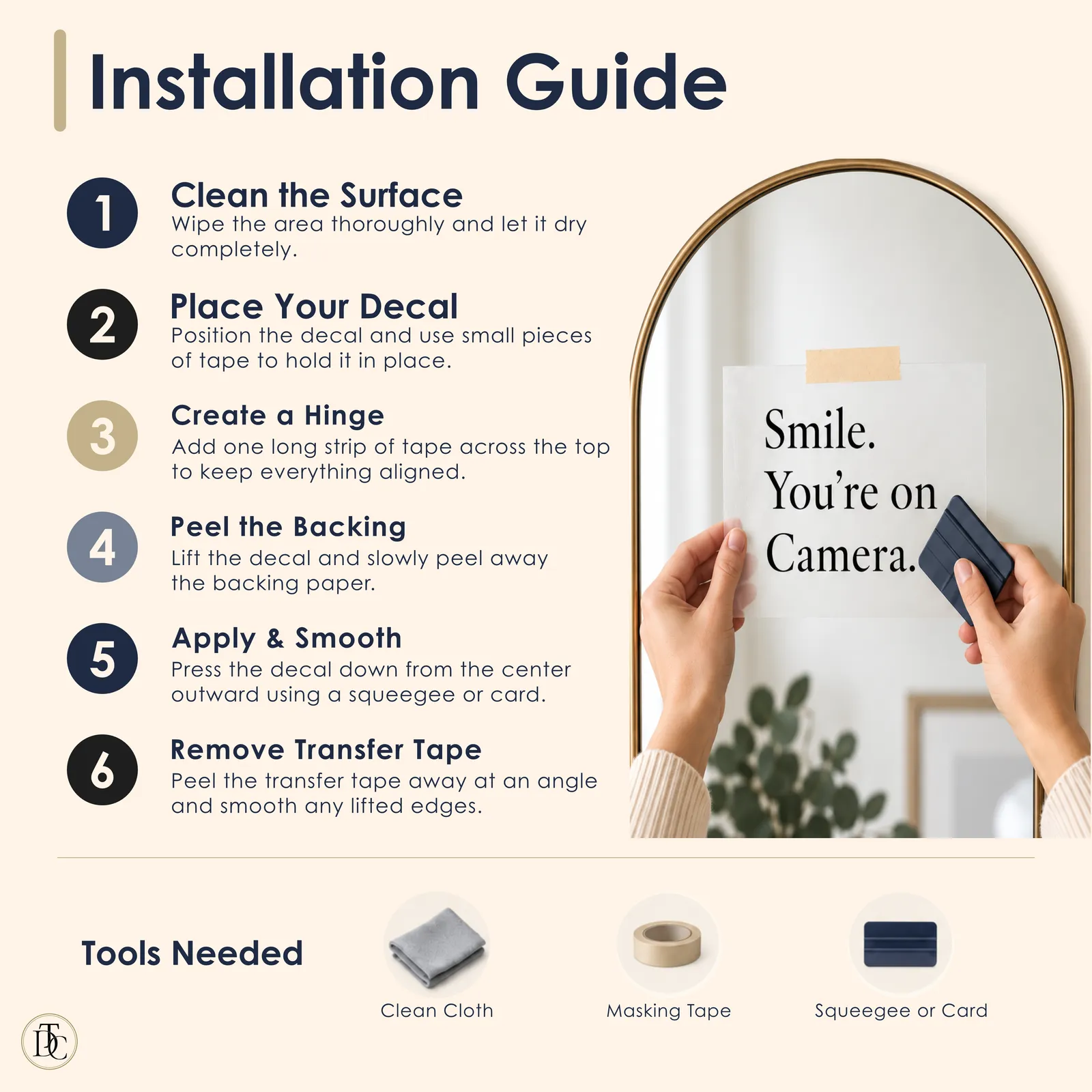 Illustrated six-step decal installation guide with a cloth, masking tape, and squeegee. Full instructions appear alongside this image.