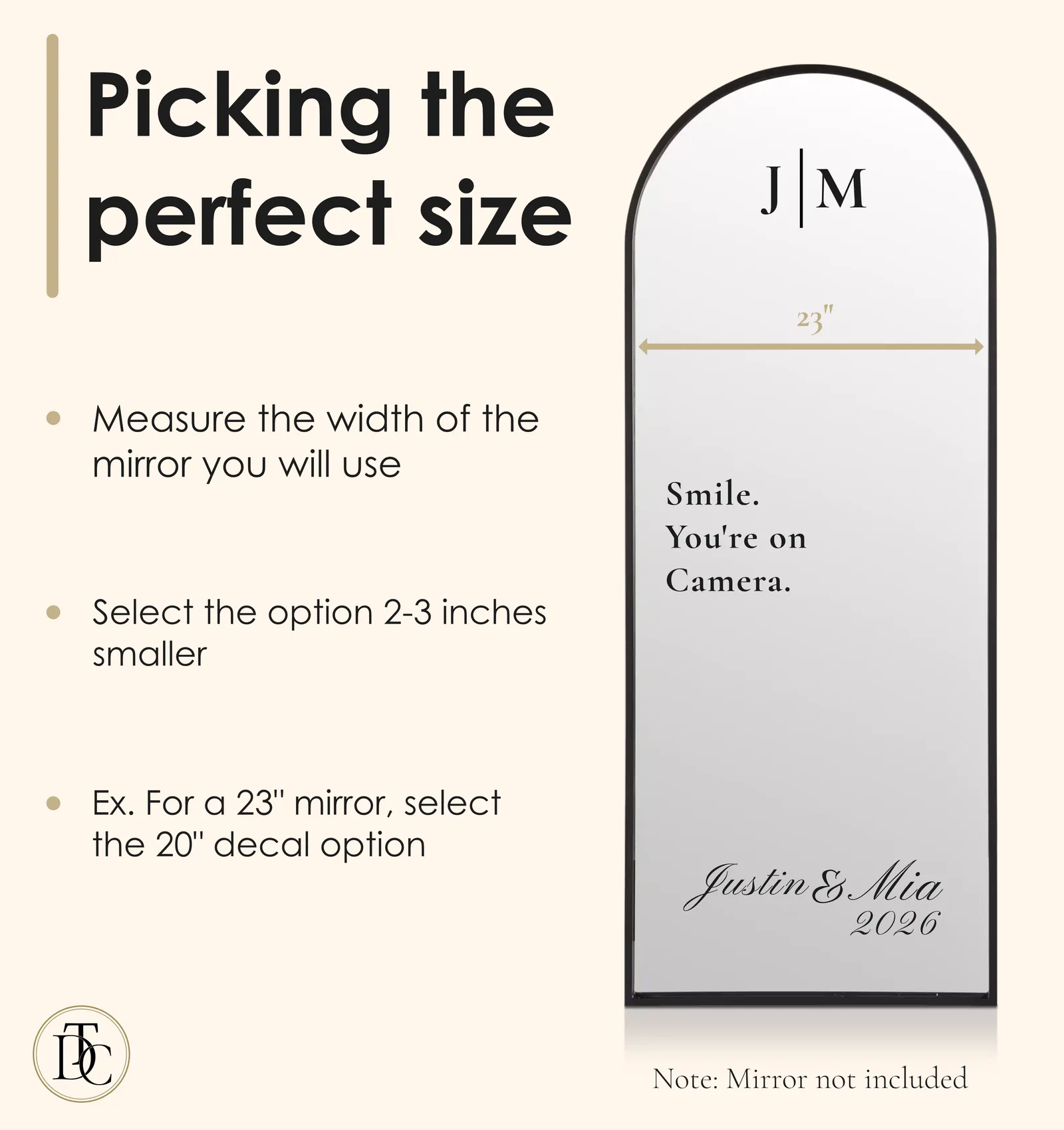 Mirror sizing example: a 23-inch mirror with a 20-inch decal. Mirror not included.