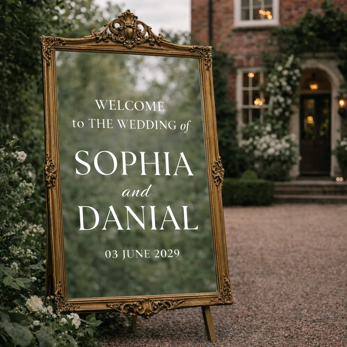 Personalized wedding welcome lettering on a gold-framed mirror